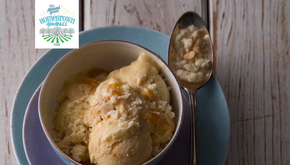 A bowl of ice cream with a crumbly topping sits on a small plate next to a spoon with more topping. The Hometown Goodness tour logo is in the top left corner.