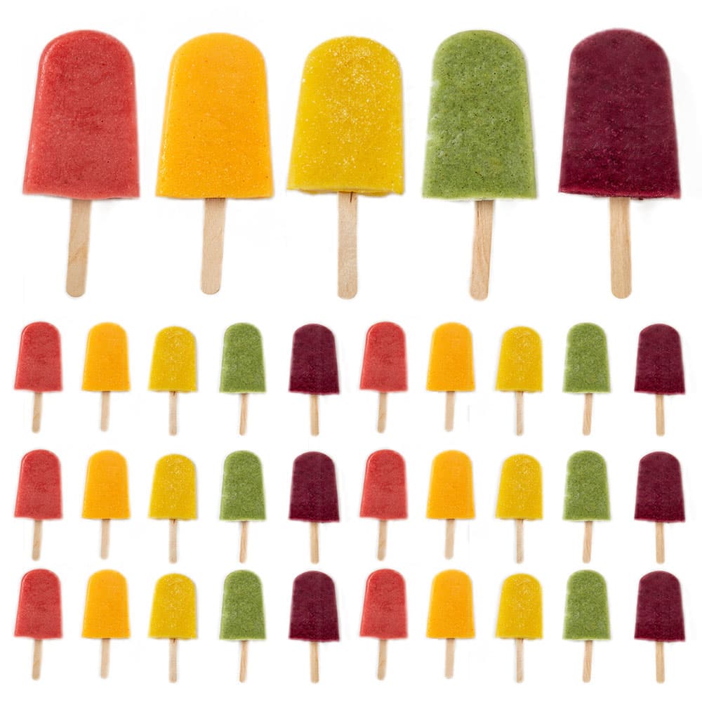 Rows of colorful popsicles in red, yellow, orange, and green are arranged in a grid pattern on a white background.