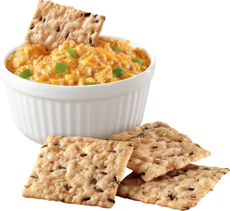 A white ramekin filled with cheesy dip, garnished with green onions, surrounded by several square crackers, one leaning in the dip.