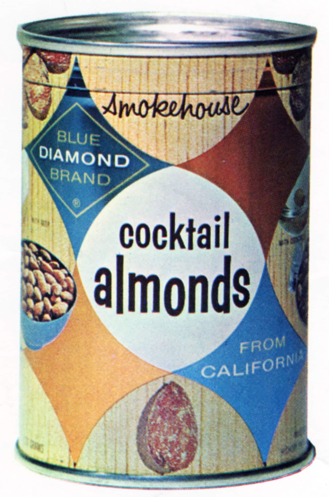 A can of Blue Diamond Brand Smokehouse cocktail almonds from California, featuring colorful diamond-shaped designs and images of almonds on the label.