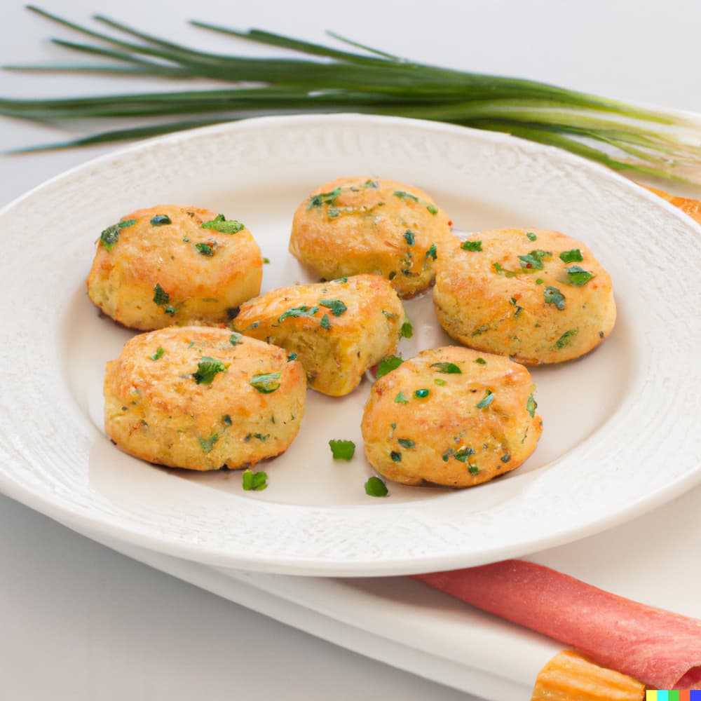 Six baked savory patties with chopped herbs on a white plate, garnished with chives, with green onions and sliced vegetables in the background.