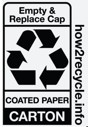 Black and white recycling label stating Empty & Replace Cap, with recycling symbol, Coated Paper Carton, and how2recycle.info on the right.