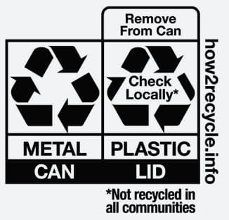 Recycling label showing to recycle the metal can, remove the plastic lid, and check locally for lid recycling; not recycled everywhere.