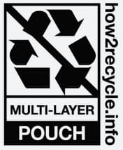 Black and white symbol showing a crossed-out recycling logo with the words MULTI-LAYER POUCH and the website how2recycle.info on the right.