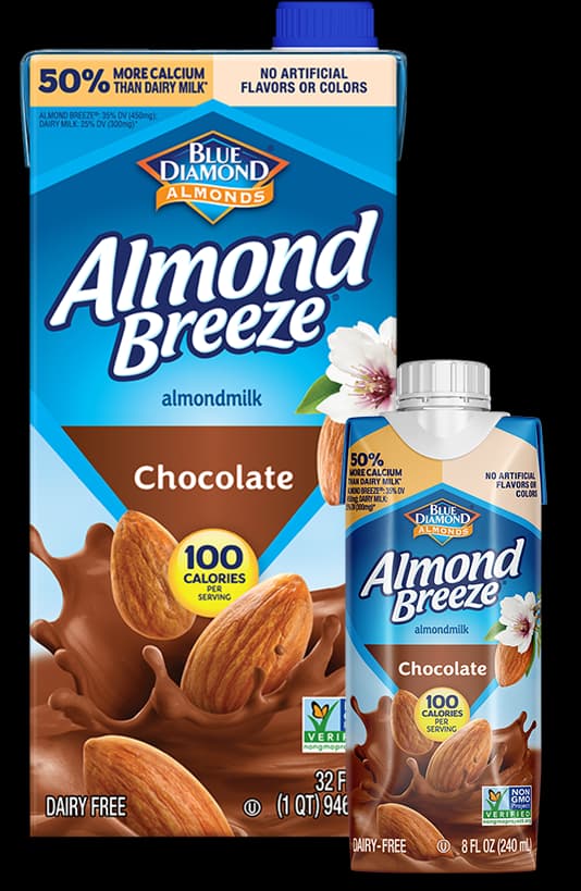 Two containers of Blue Diamond Almonds Almond Breeze Chocolate almondmilk, one large carton and one small bottle, both labeled as dairy free and 100 calories per serving.