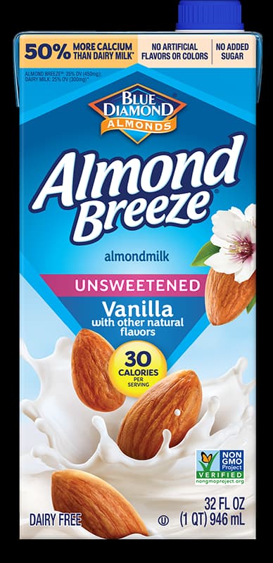 A 32 fl oz carton of Blue Diamond Almond Breeze Unsweetened Vanilla almondmilk, featuring almonds, calorie information, and certification labels on the front.
