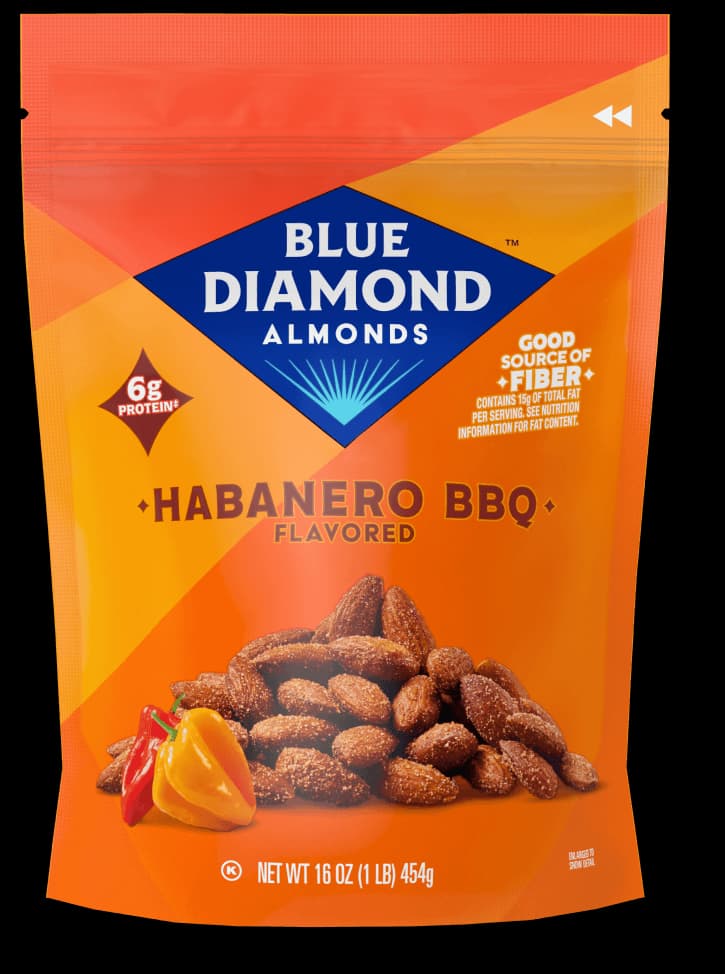 A 16 oz bag of Blue Diamond Almonds Habanero BBQ flavor, featuring images of almonds and habanero peppers on an orange background.