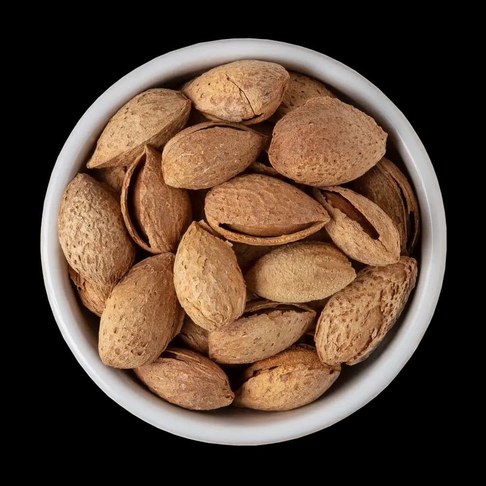 A white bowl filled with unshelled almonds, photographed from above against a black background.