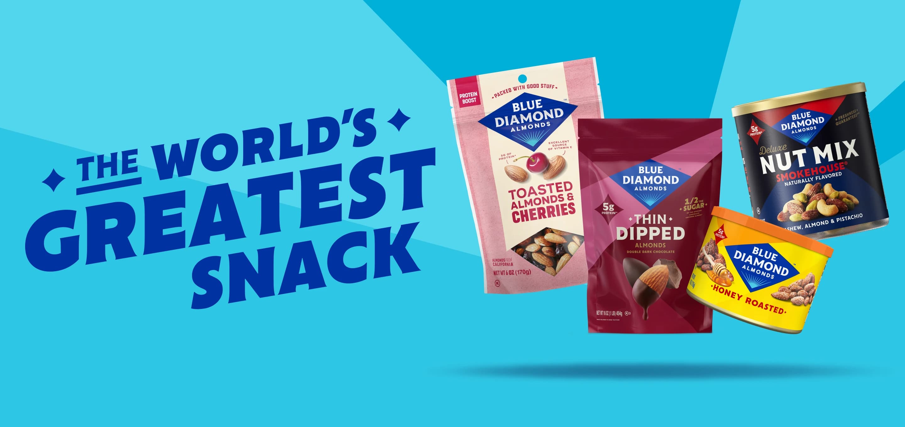 Four Blue Diamond almond snack products displayed on a blue background with the text The Worlds Greatest Snack in bold letters on the left.
