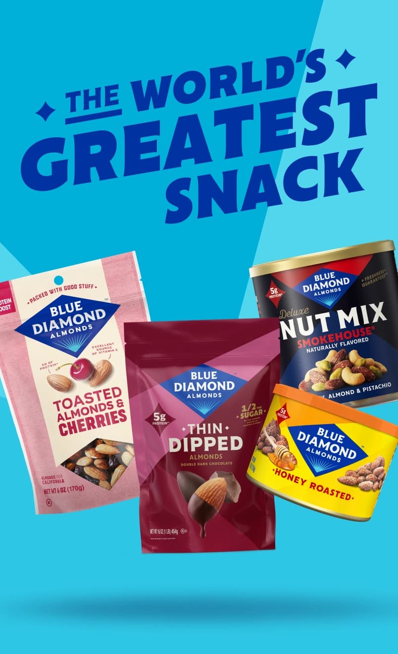 Four Blue Diamond snacks—Toasted Almonds & Cherries, Thin Dipped Almonds, Nut Mix, and Honey Roasted Almonds—are displayed below the text The Worlds Greatest Snack on a blue background.