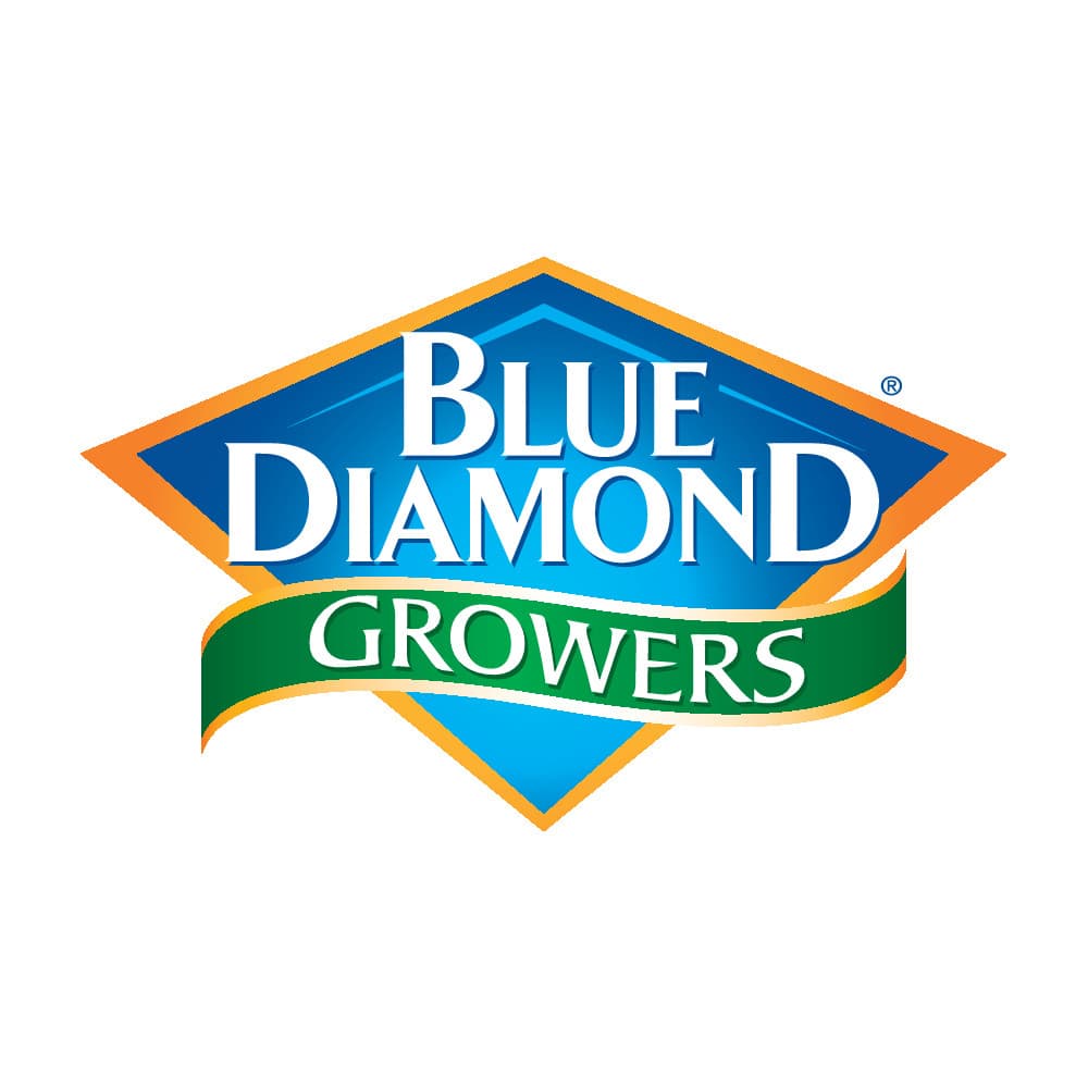 Blue Diamond Growers logo with white text on a blue rhombus and a green ribbon underneath, set on a white background.