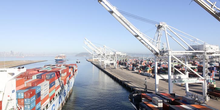 Large cargo ships and cranes at a busy shipping port with stacks of shipping containers along the docks under a clear sky.