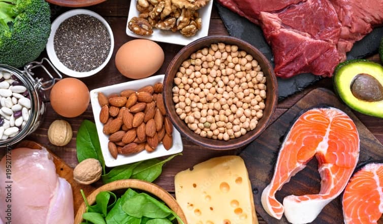 Assorted protein-rich foods including salmon, beef, chicken, eggs, cheese, chickpeas, beans, almonds, walnuts, chia seeds, avocado, broccoli, and spinach displayed on a table.