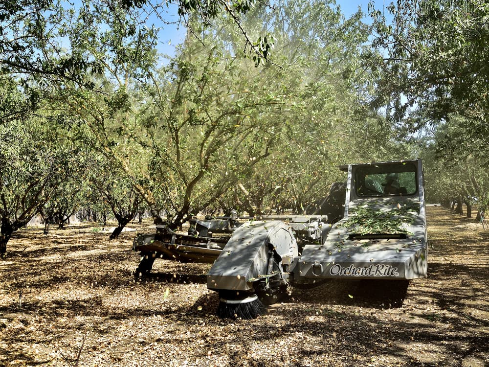 A machine labeled Orchard-Rite moves through an almond orchard, shaking trees to harvest almonds, with dust and debris visible in the air.