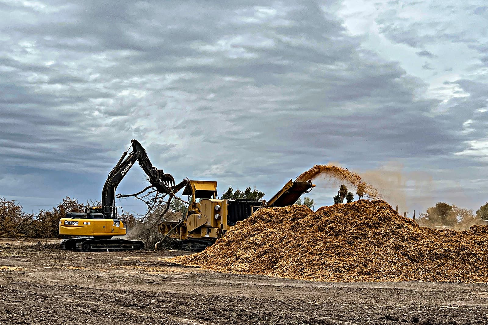 A yellow excavator loads tree branches into a wood chipper, creating a large pile of wood chips under a cloudy sky.