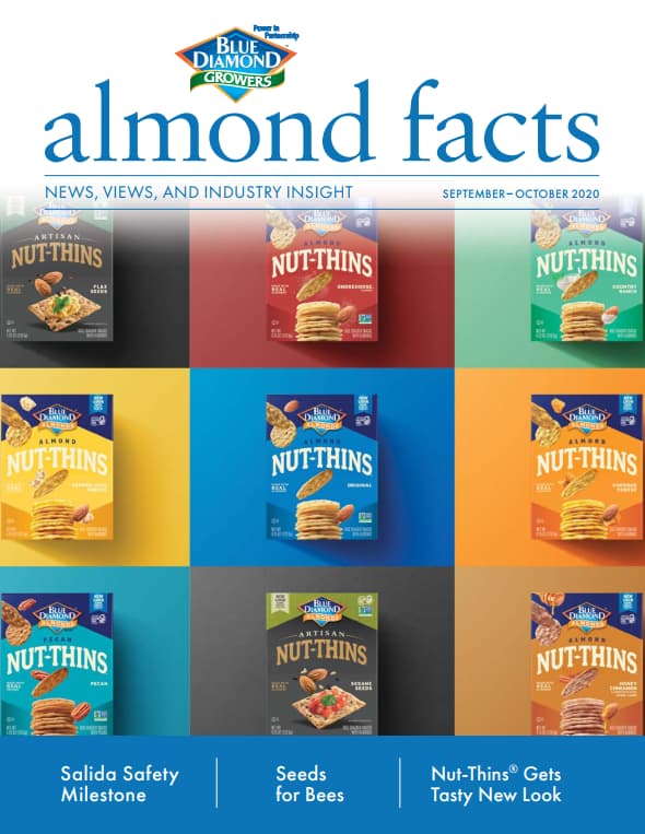 Nine boxes of Blue Diamond Almond Nut-Thins are arranged in a colorful grid on the cover of an Almond Facts magazine issue dated September–October 2020.