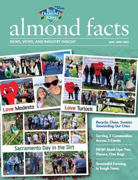 Magazine cover with group photos from community events in Modesto, Turlock, and Sacramento, and headlines about sustainability, new products, and farming during challenging times.