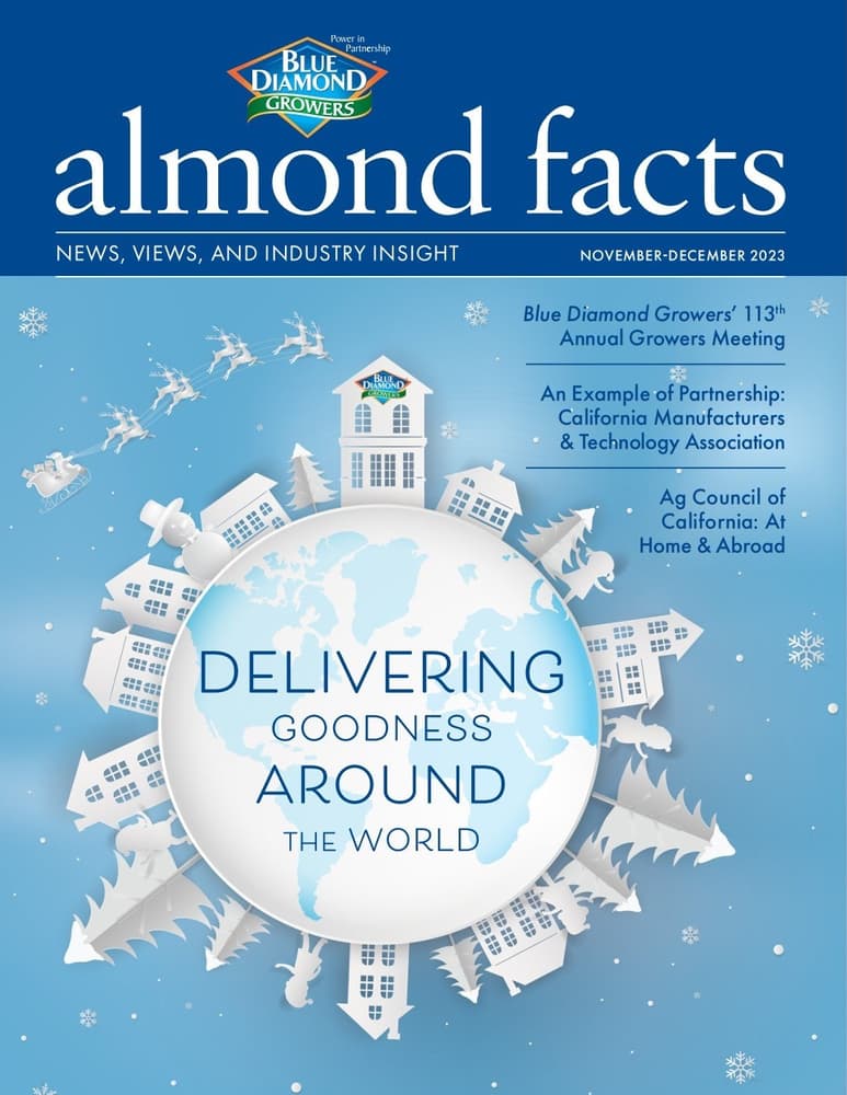 Magazine cover titled almond facts, featuring a snowy globe with trees, nuts, and buildings, and the text Delivering Goodness Around the World. Issue is November-December 2023.