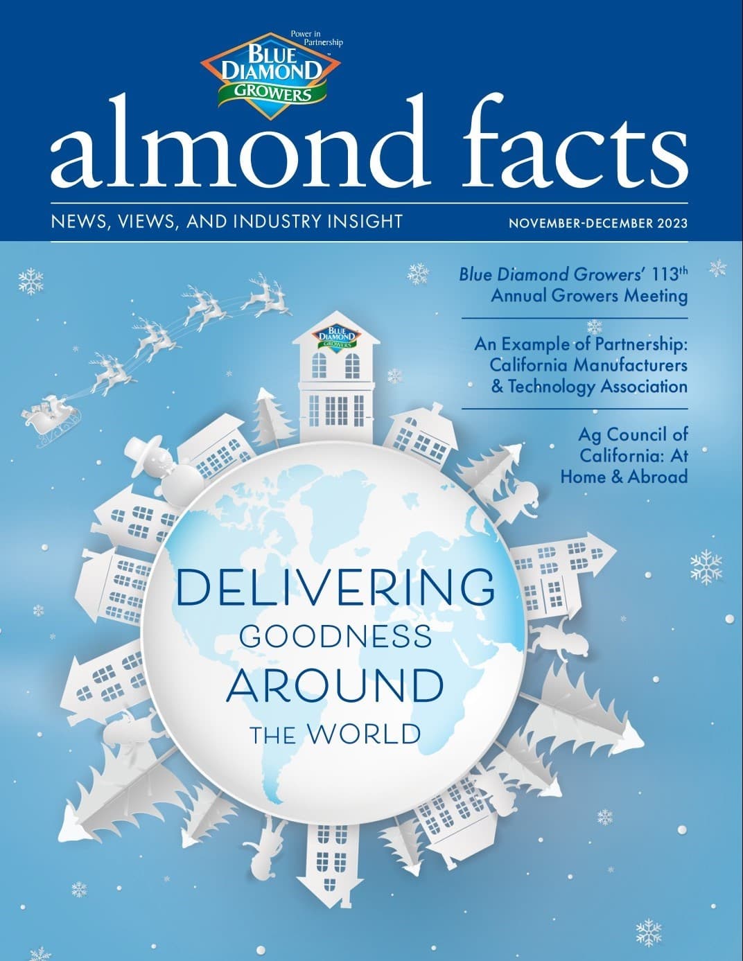 Magazine cover titled almond facts, featuring a snowy globe with trees, nuts, and buildings, and the text Delivering Goodness Around the World. Issue is November-December 2023.