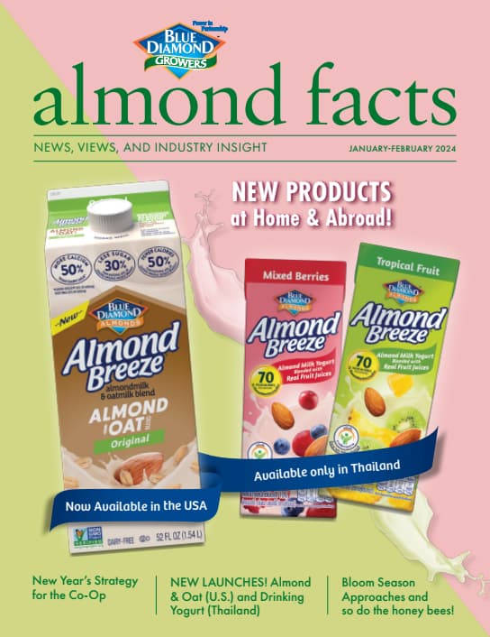 Blue Diamond Almonds Almond Breeze oat milk and flavored drinks are featured on a magazine cover announcing new product launches in the USA and Thailand.