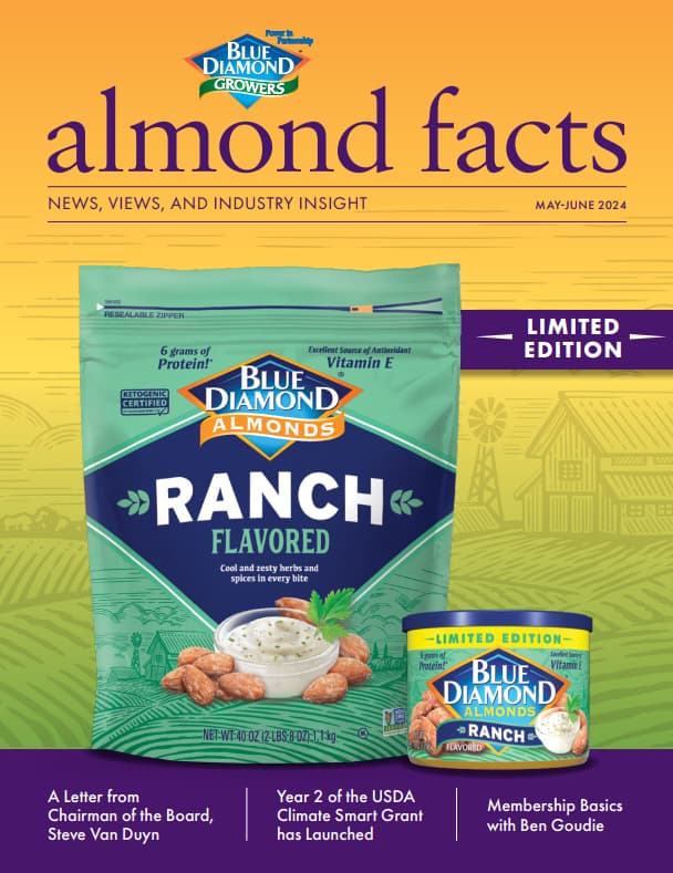 A magazine cover features Blue Diamond Growers almond products in ranch flavor, with headlines about industry news, grants, and membership basics.