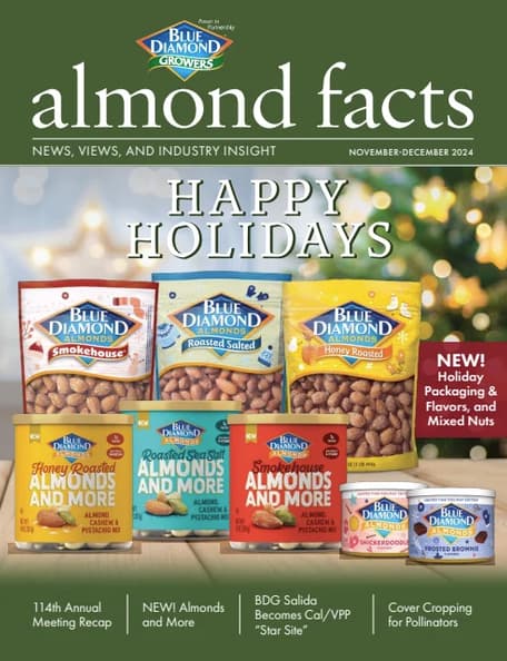 Assorted Blue Diamond almond products displayed on a table, with a Happy Holidays message and festive packaging featured on the magazine cover.