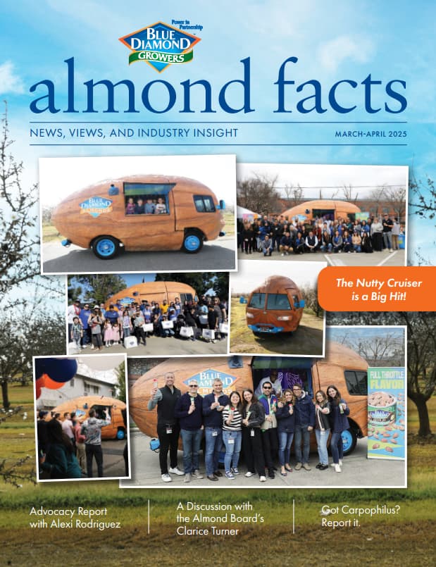 Cover of Almond Facts magazine featuring photos of people with a nut-shaped vehicle at an outdoor event, and headlines about almond industry news and advocacy.