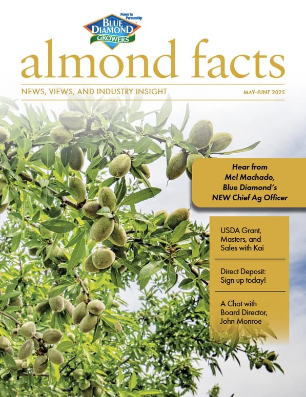 Magazine cover titled almond facts, featuring a close-up of almonds growing on tree branches, with article highlights and the Blue Diamond Growers logo at the top.