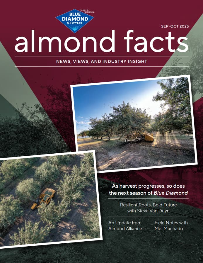 Aerial view of machinery harvesting almonds in an orchard under a blue sky, featured on the cover of Almond Facts magazine, September-October 2025 issue.