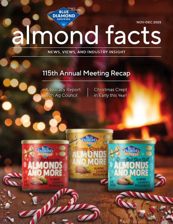 Three Blue Diamond almond canisters and several candy canes are displayed on a table with a lit Christmas tree and fireplace in the background.