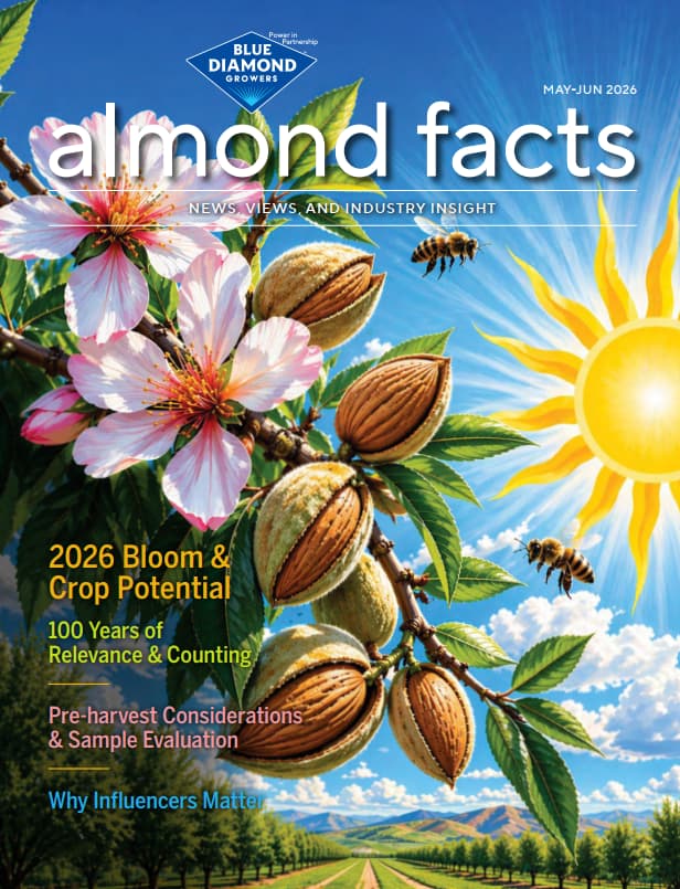 Magazine cover with almond pods on a branch, bees, a bright sun, blue sky, and text about almond industry news and insights.