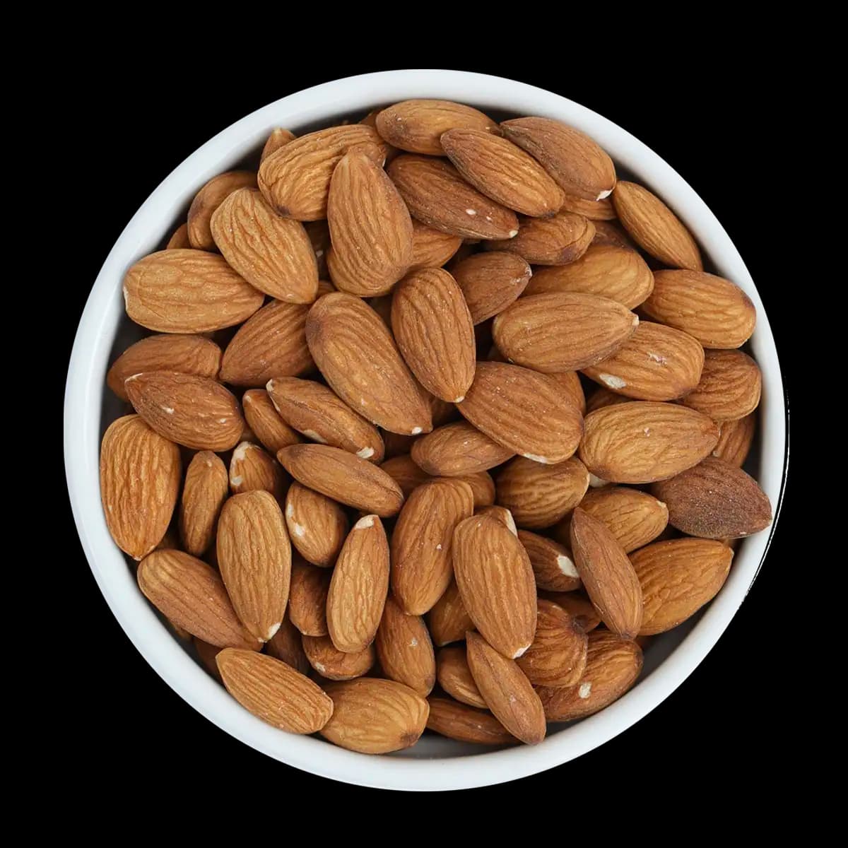 A white bowl filled with whole, raw almonds, viewed from above against a black background.