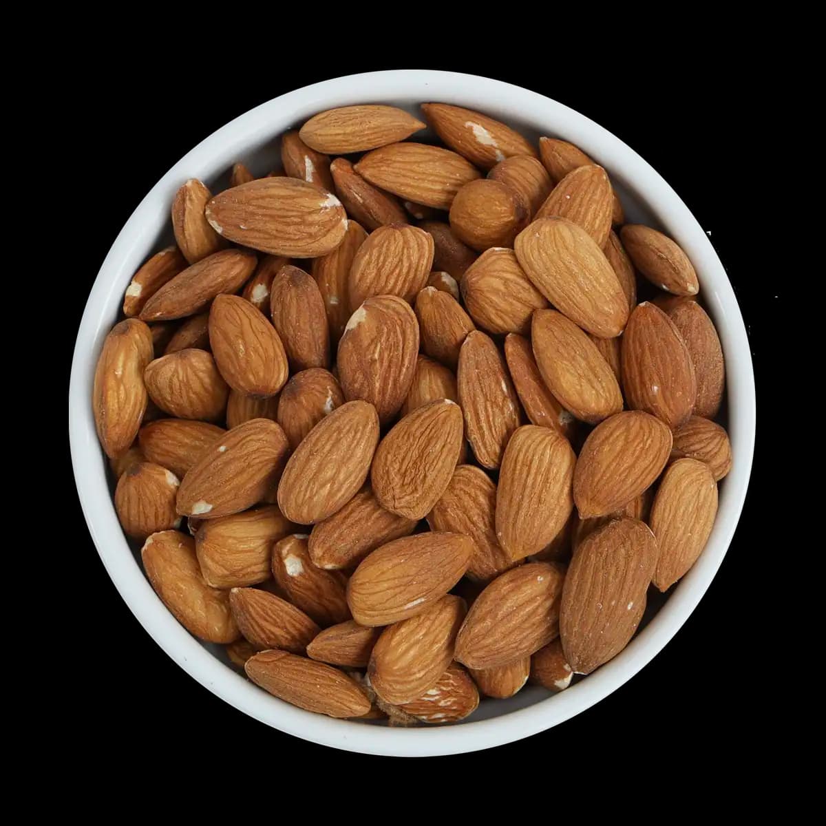 A white bowl filled with whole, unshelled almonds against a black background.