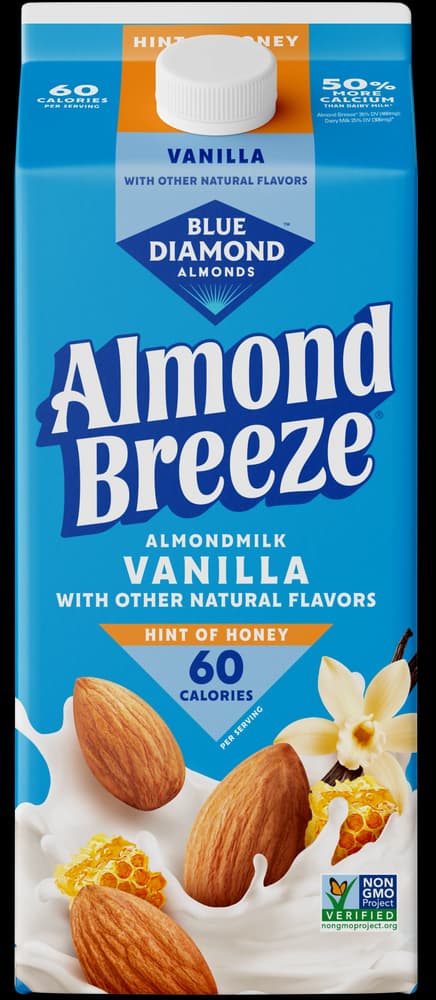 A carton of Blue Diamond Almond Breeze Vanilla Hint of Honey almondmilk.