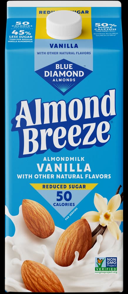 Carton of Blue Diamond Almond Breeze Reduced Sugar Vanilla almondmilk.