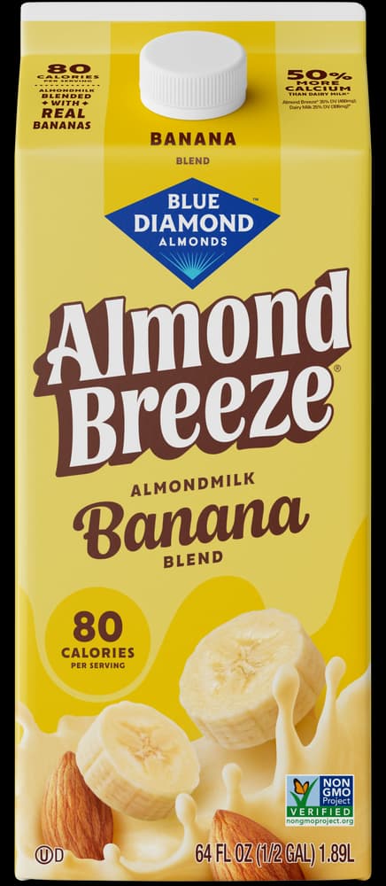 Blue Diamond Almond Breeze banana flavored almondmilk carton, 64 fluid ounces.
