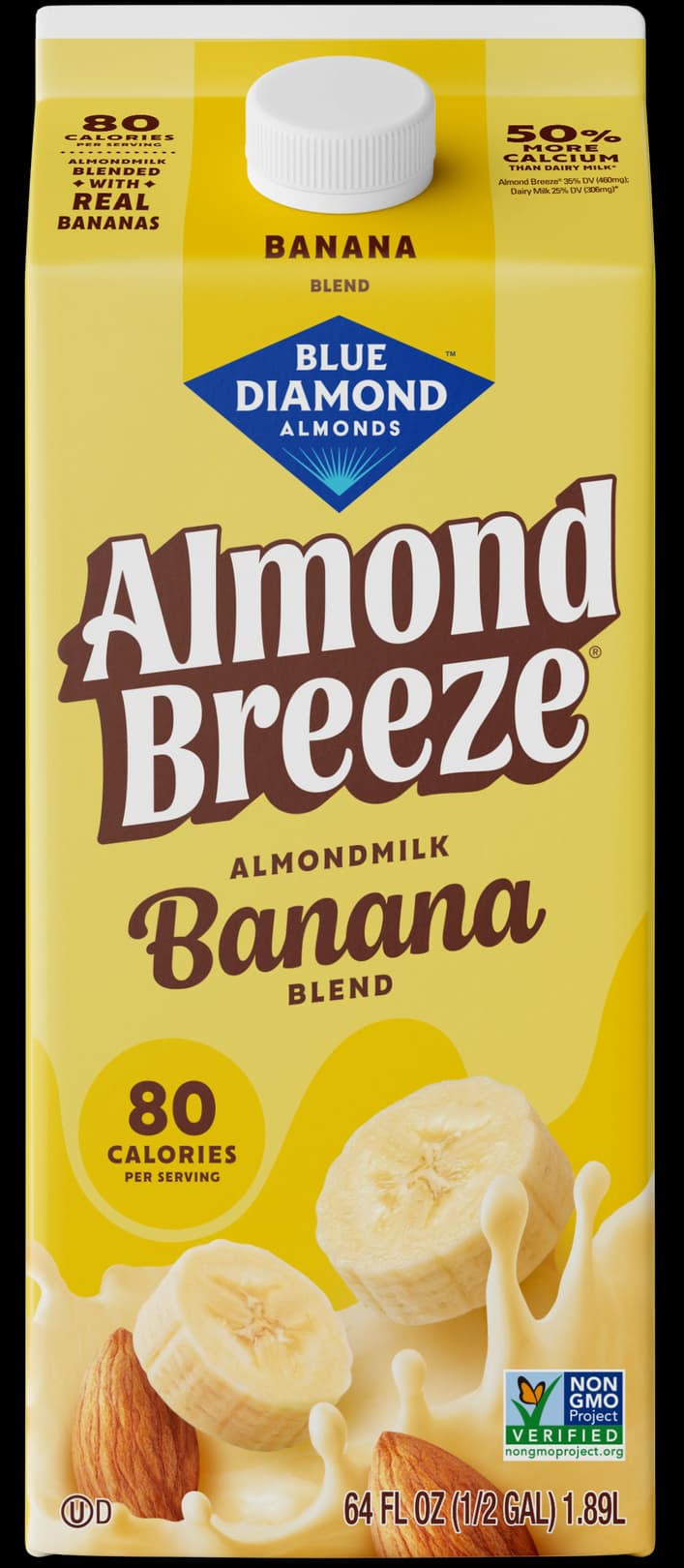 Blue Diamond Almond Breeze banana flavored almondmilk carton, 64 fluid ounces.