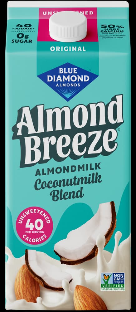 Blue Diamond Almond Breeze unsweetened almond and coconut milk blend carton.